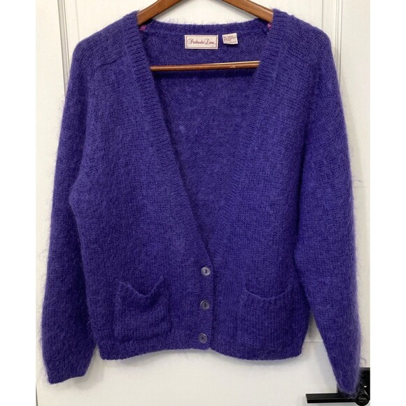 Vtg Mohair Blend Cardigan Violet Long Sleeve L Sweater Womens Fuzzy 80s Luxury - Picture 1 of 14
